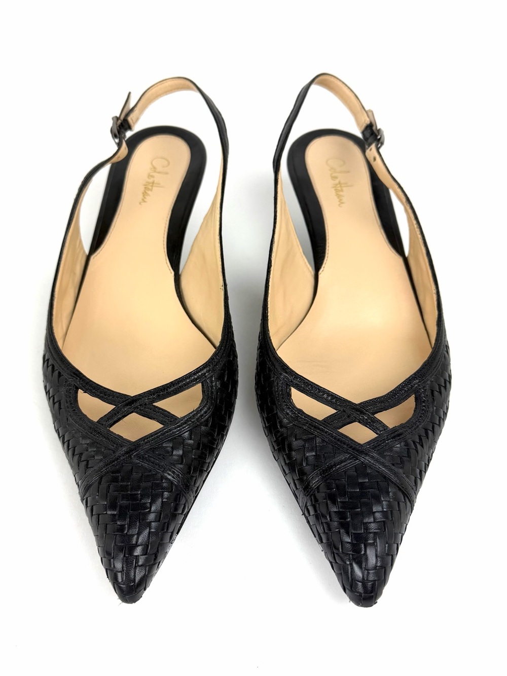 Vintage Cole Haan woven leather slingback with kitten heel.